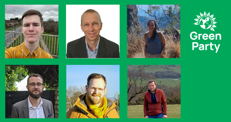 Profile pictures of the six Green town and parish councillors.